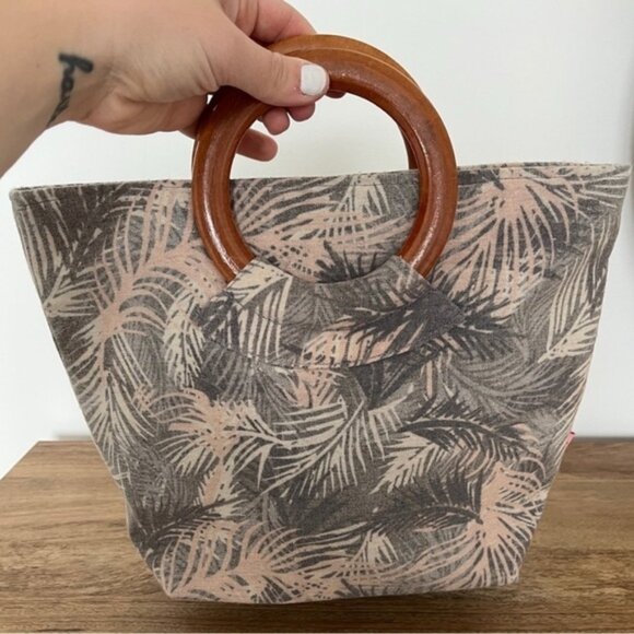 Lua Tropical Palm Tree Print Small Bag with Wooden Handles - Picture 3 of 10